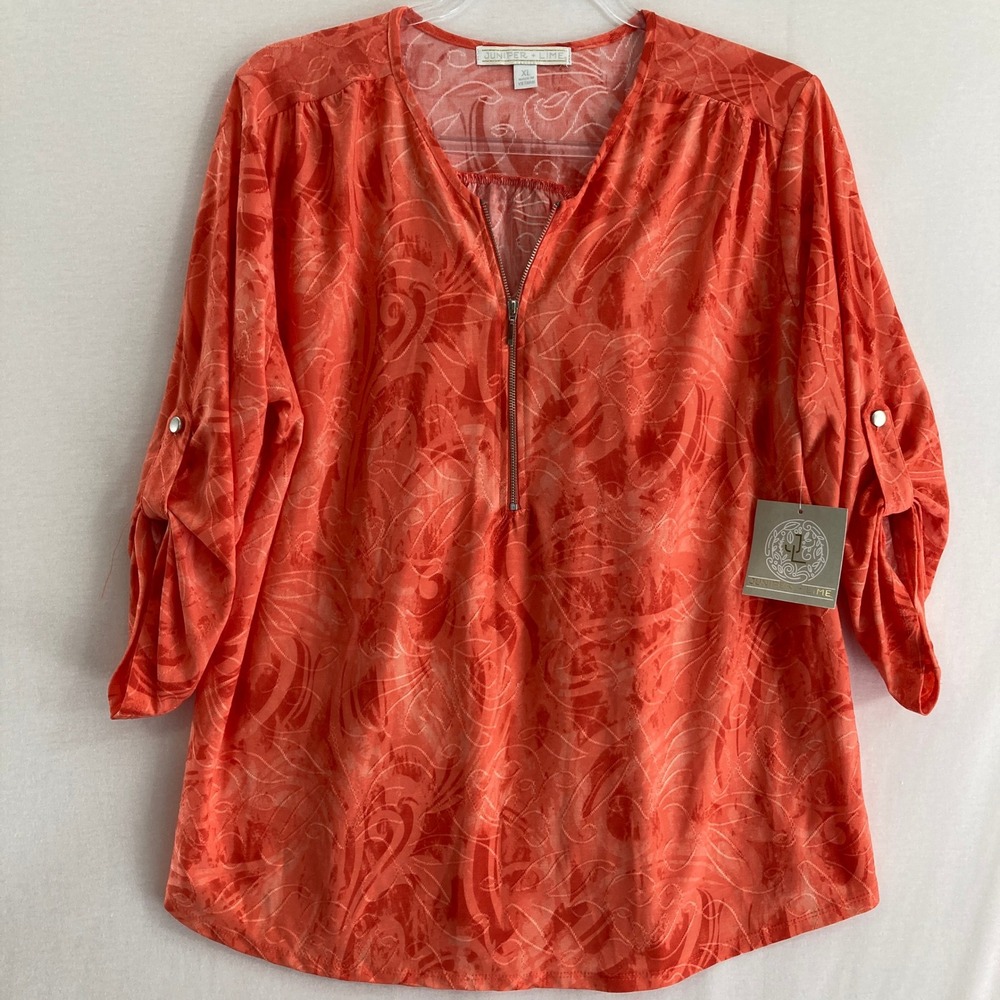 New Juniper + Lime Blouse XL Orange Abstract Quarter Zip Stretch Roll Sleeve